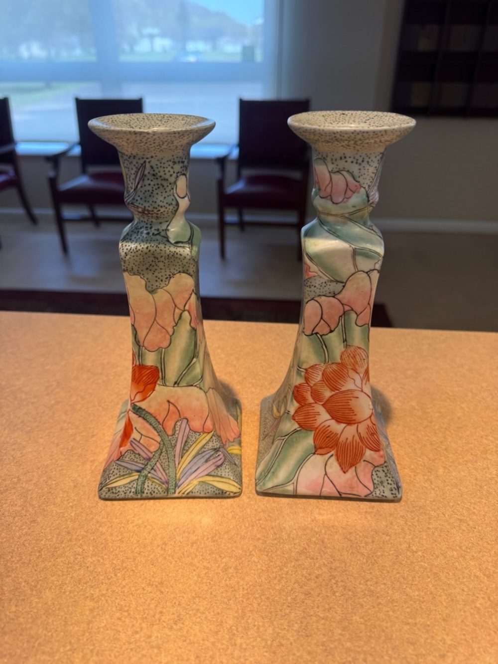 Pair of Toyo ceramic floral lotus candlestick candle holders